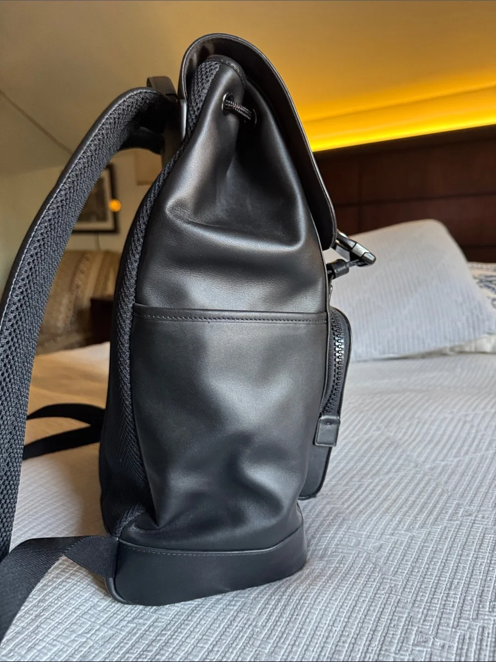 Coach Black Leather Men's Backpack with Front Zip Pocket
